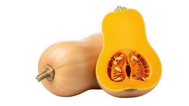 Fresh whole and halved butternut squash showing seeds and orange flesh isolated on transparent background