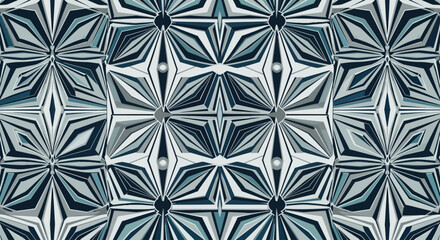 Fototapeta premium Abstract geometric pattern with symmetrical blue and gray faceted shapes.