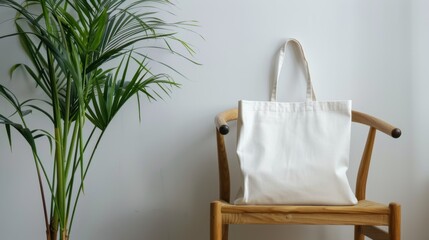 A white tote bag rests on a wooden chair beside a green potted plant. The background is a simple, light-colored wall, creating a minimalist aesthetic.