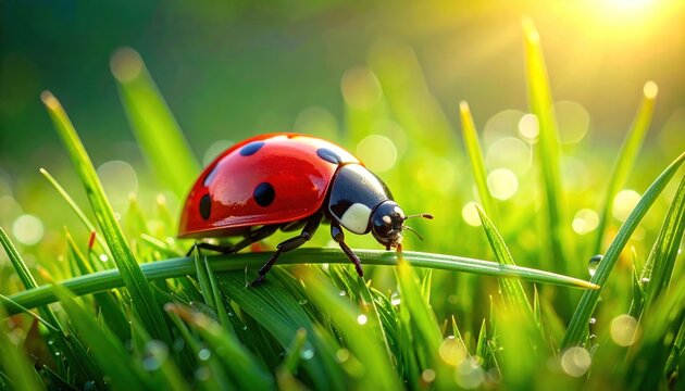 Close-up of a ladybug on wet grass with sunlight