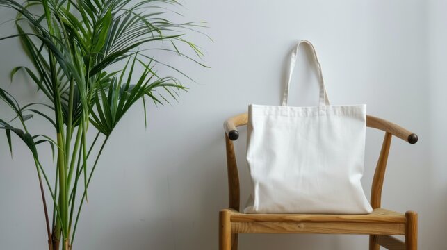 A white tote bag rests on a wooden chair beside a green potted plant. The background is a simple, light-colored wall, creating a minimalist aesthetic.