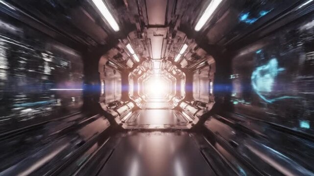 Futuristic spaceship interior tunnel with neon lights accelerating through space