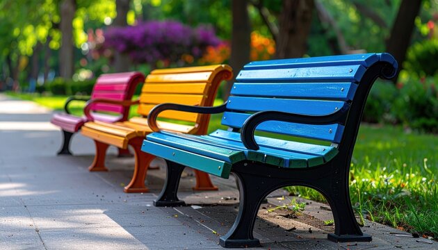 FlyPro Firefly Freshly Painted Park Benches with Vibrant Modern Colors, Sturdy Construction, Inviting Design Realistic Photography