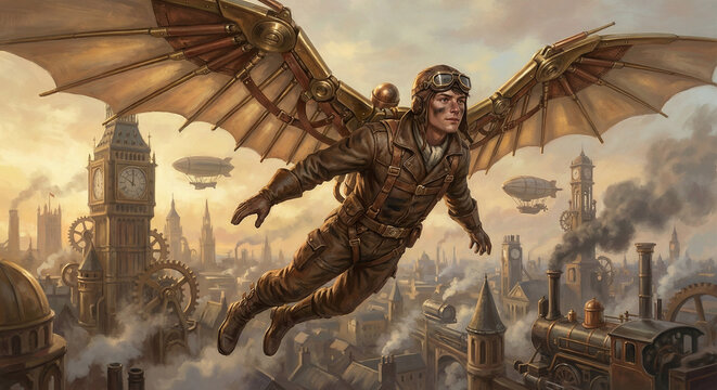 Adventurous Peter Pan-like man flying with mechanical wings over a steampunk city