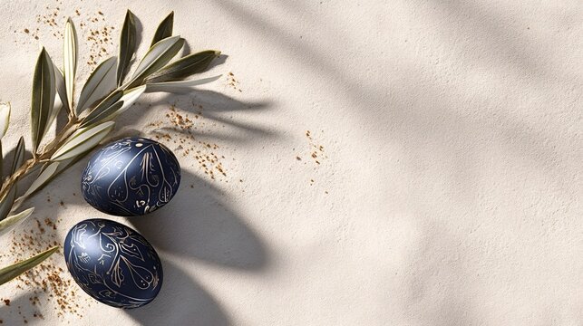 Ornate blue easter eggs with olive branch on sand