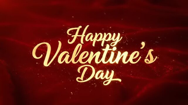 Happy Valentine's Day elegant golden script against flowing red satin with magical sparkles, celebratory romantic design, love holiday theme