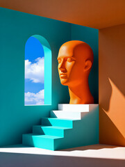 Surreal Architectural Interior with Orange Mannequin Head, Teal Stairs, and Arched Sky Window