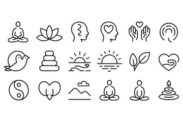 Minimalist black line icons for meditation, yoga, and wellness illustrating inner peace, mental clarity, and spiritual balance
