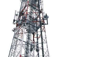 Close up of telecommunication tower with multiple antennas and equipment representing wireless network infrastructure and modern connectivity.