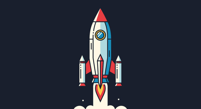 Minimalist flat design illustration of a rocket launching into space.