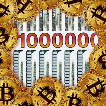 Bitcoin coins and one billion dollars. The concept of unlimited money and effective money management