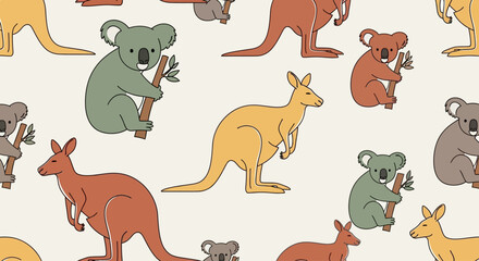 Fototapeta premium Cute Australian animals pattern with koalas and kangaroos
