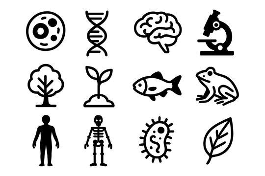 Science and nature icons: biology, botany, anatomy, and microbiology symbols