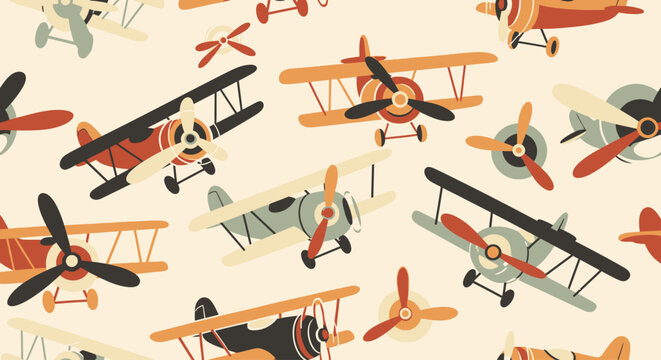 Cute vintage airplanes flying seamless pattern.