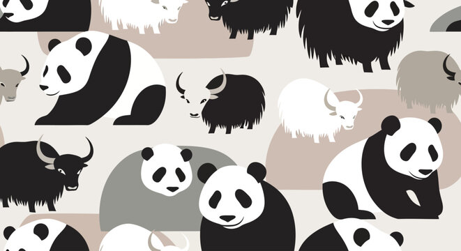 Cute Panda and Yak Seamless Pattern