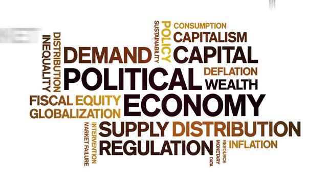 Political Economy animated word cloud-text design animation tag kinetic typography seamless loop.