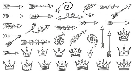 Collection of Hand Drawn Arrows and Crowns Doodle Elements.
