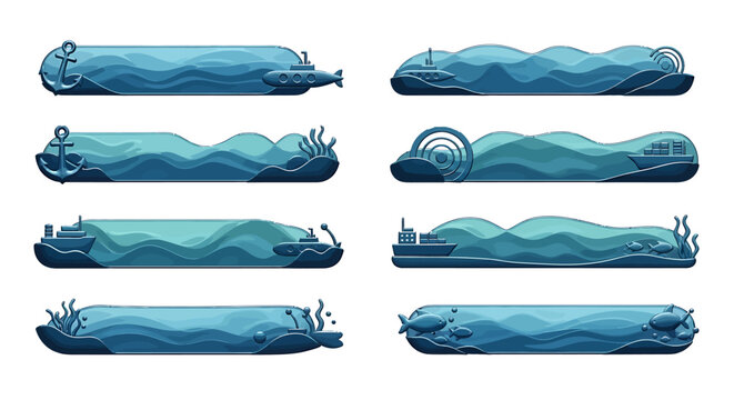 Artistic collection of ocean wave banners with marine elements.