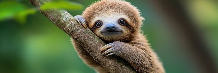 Fototapeta premium Adorable baby sloth clinging to a tree branch in a lush green forest, looking at the camera with curiosity.