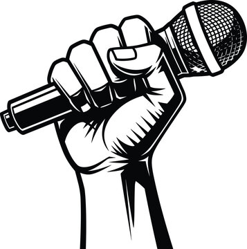 Black and white vector illustration of a clenched fist holding a microphone tightly symbolizing freedom of speech protest music performance or karaoke events