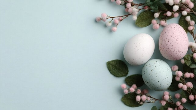 Pastel easter eggs and pussy willow branches on blue background