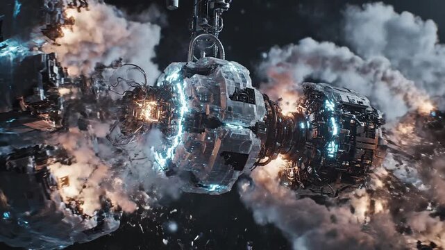 Futuristic Exploding Orbital Machine Surrounded By Smoke.