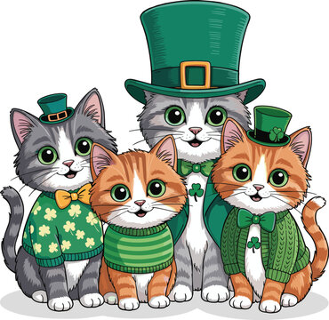 Cute St. Patrick&rsquo;s Day Cats in Green Leprechaun Hats with Shamrock Outfits Cartoon Illustration