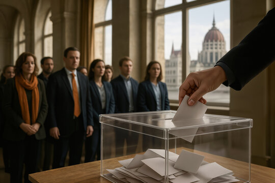 Hungary legislative elections 12 April 2026 voting scene with ballot box voter hand placing ballot Budapest polling station Parliament background political polarization Fidesz Tisza