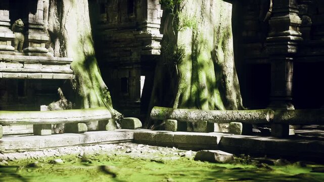 The remnants of an ancient temple in Cambodia showcase intertwining trees and mossy stones, creating a tranquil atmosphere steeped in history and natural beauty