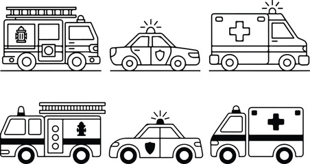 Emergency Vehicle Outline Manual Design Set Ambulance Fire Truck and Police Car © shamsuzzoha