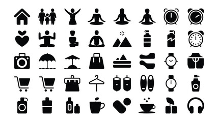 Collection of various lifestyle and daily routine icons including travel food shopping and time management symbols