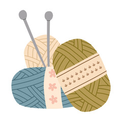 Yarn balls with knitting needles in cozy palette. Handcraft hobby illustration for DIY projects, handmade branding, craft packaging and seasonal decor design. Hand drawn vector illustration.