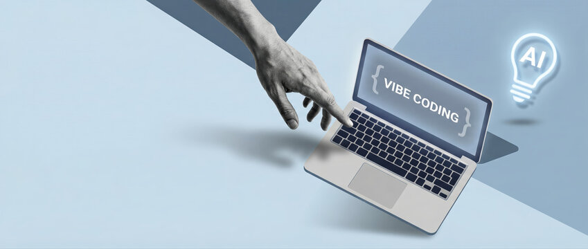 Conceptual illustration of vibe coding with a hand interacting with a laptop and artificial intelligence lightbulb icon.