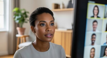 Professional Woman Attentively Participating in Virtual Meeting