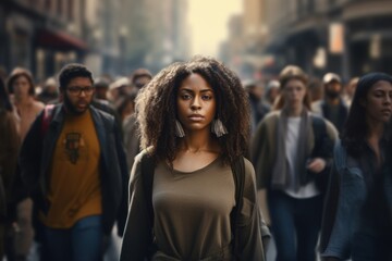 Fototapeta premium Crowd of people walking in a busy street during daytime with one woman standing out in the center Generative AI