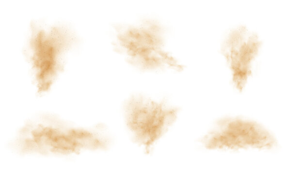 Brown dust powder with flying sand smog, dust haze cloud overlay texture, random sandy-smoke splashes vector set