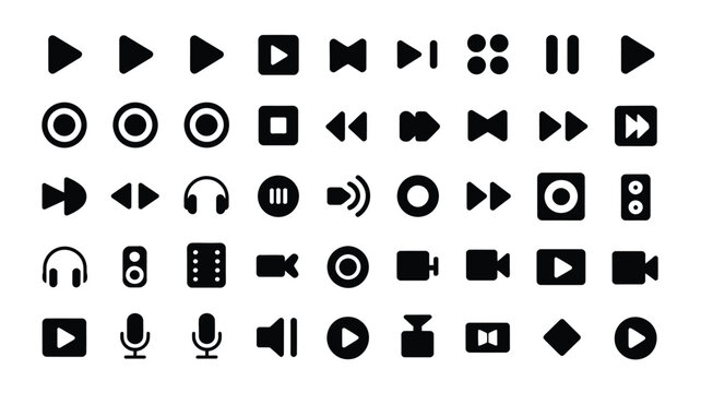 Collection of black video and audio playback icons on white background for multimedia and editing software