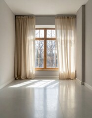 Obraz premium Empty White Room with Sunlight Streaming Through Window and Beige Curtains