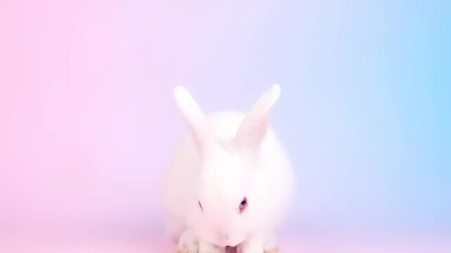 Adorable white bunny rabbit on a pink to blue gradient, looking forward, simple style, pet photography, domestic animals, studio shot.