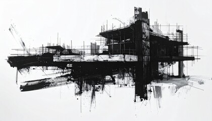 Obraz premium Abstract Ink Painting of a Complex Structure on a White Background
