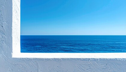 Obraz premium Vivid Blue Sea Under Clear Sky Framed by Rough Concrete Structure on Sunny Day