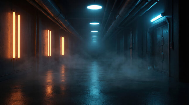 Dark futuristic industrial corridor with neon lights and atmospheric fog in a cyberpunk style.