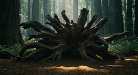 Majestic Redwood Tree Roots in Sunlit Forest