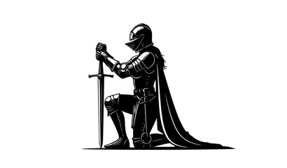 Female knight kneeling silhouette vector medieval warrior woman with sword illustration