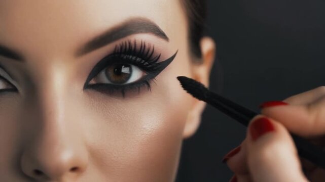 Close-up of woman's face with hand applying eyeliner on eye with dark background