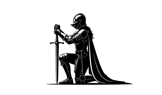 Female knight kneeling silhouette vector medieval warrior woman with sword illustration
