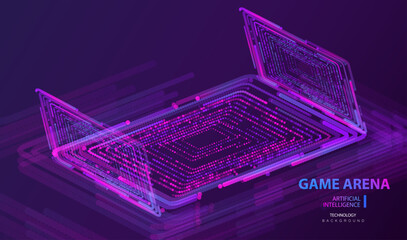Game arena in artificial intelligence technology style. Gaming ai stage for e-sports contest. Vector particles ai dotted stadium in purple tones. © SidorArt
