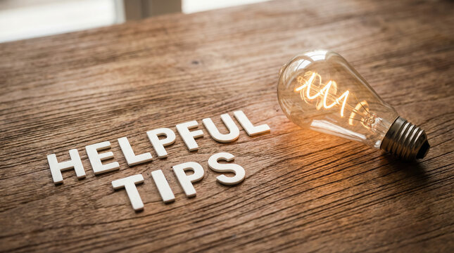 Helpful tips text and glowing lightbulb on a wooden desk representing creative advice and business solutions.