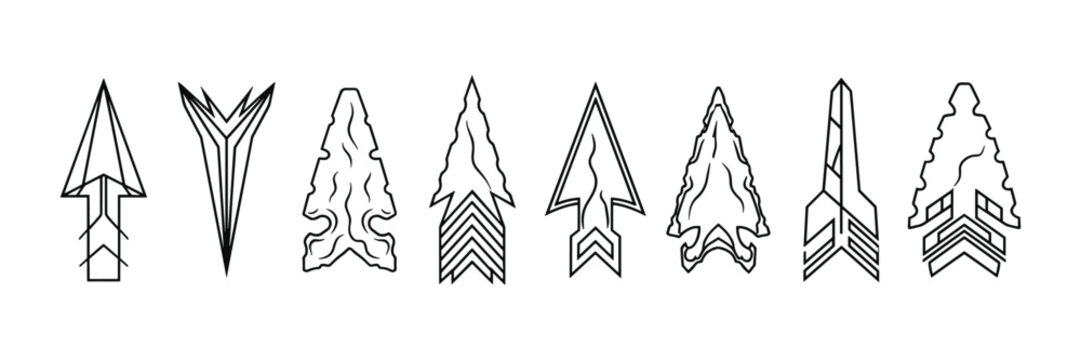 Set of 9 vector arrowheads or spearheads in outline design, prehistoric hunting tools
