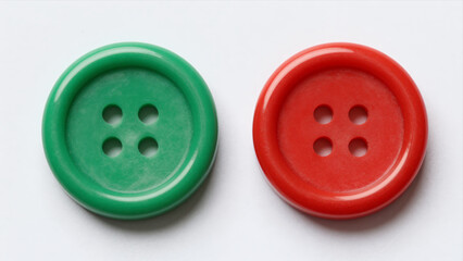 Two Large Plastic Buttons, One Green And One Red, With Four Holes, Isolated On White Background